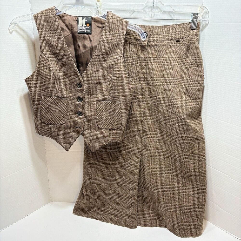 VTG Lutz Teutloff West Germany Plaid Vest Skirt Suit Set Wool Size 38 US Small